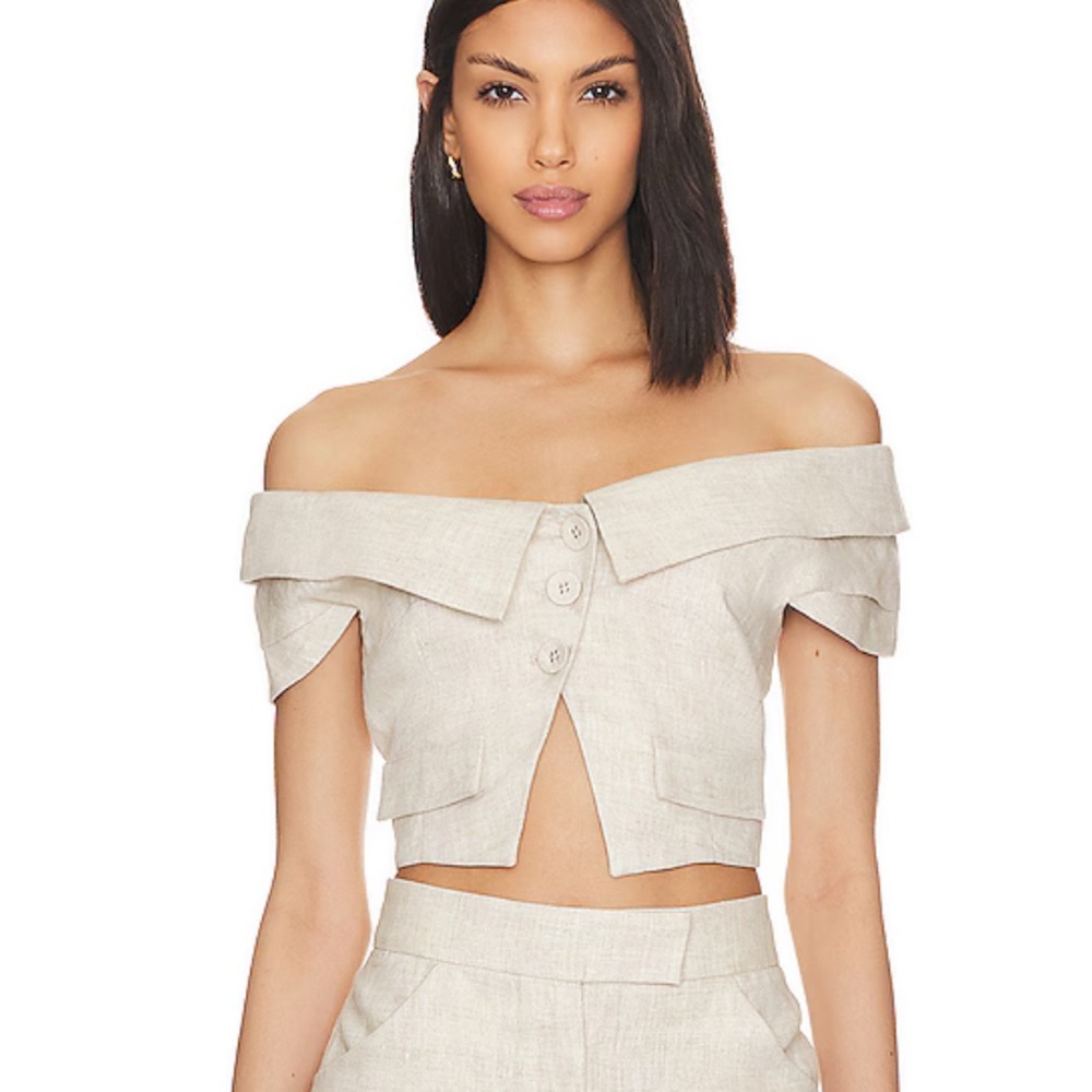 L’Academie Off-Shoulder Beige Top- worn once-size:small
